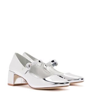 LARROUDÉ Retro  Blair Mary Jane Block heel Pump In Silver Specchio size 10